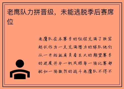 老鹰队力拼晋级，未能逃脱季后赛席位