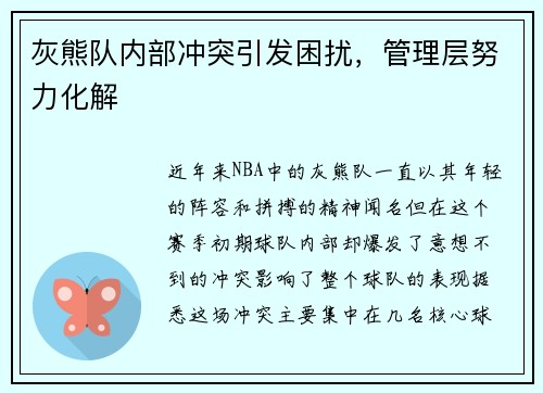 灰熊队内部冲突引发困扰，管理层努力化解