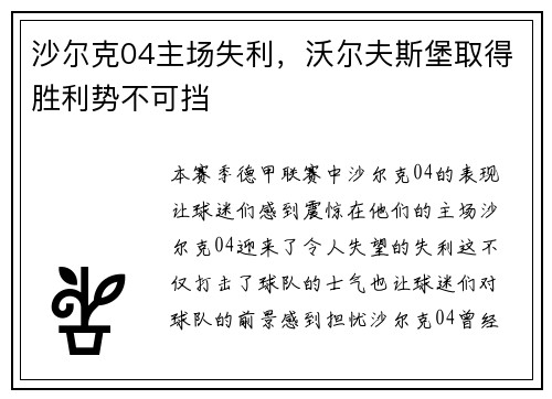沙尔克04主场失利，沃尔夫斯堡取得胜利势不可挡