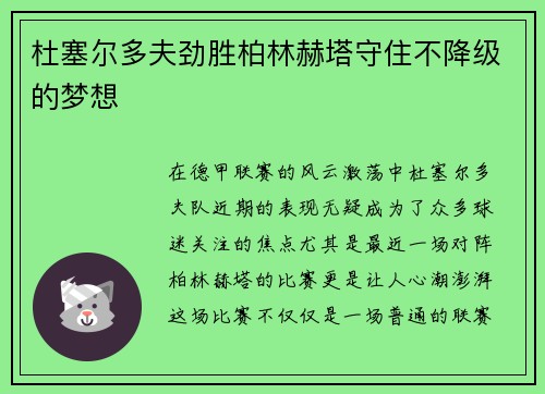 杜塞尔多夫劲胜柏林赫塔守住不降级的梦想